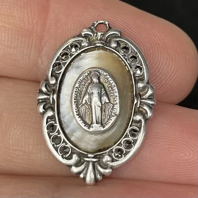 Sterling Silver Mother Mary Pendant. Marcasite Abalone Vintage. Prayer • $28