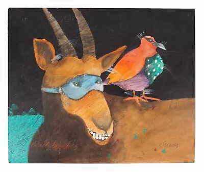 Mixed Media Painting Illustration Board Brunez Bird Antelope Vintage Acrylic • $200