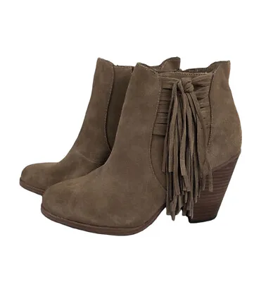 Vince Camuto Heeled Ankle Bootie With Fringe Beige Suede Side Zipper Size 8.5 • $40