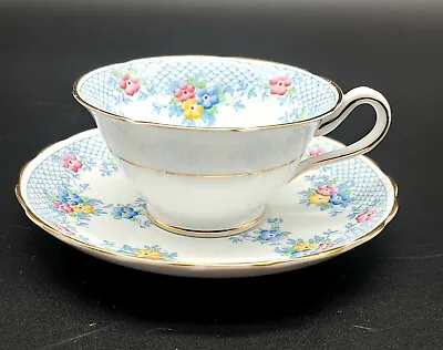 Vintage 1930 Copeland Grosvenor English Bone China Blue Floral Teacup & Saucer • $16.50