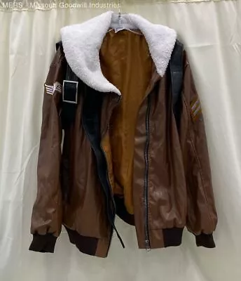 Fortnite Men Brown Cosplay Faux Leather Sherpa Raptor Bomber Jacket - Size M • $9.99