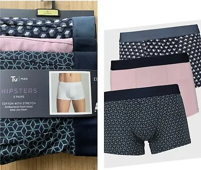 Tu Mens Hipster Boxers 3 Pack Cotton Stretch Geo Print & Plain Size XL W 39-41” • £12.50