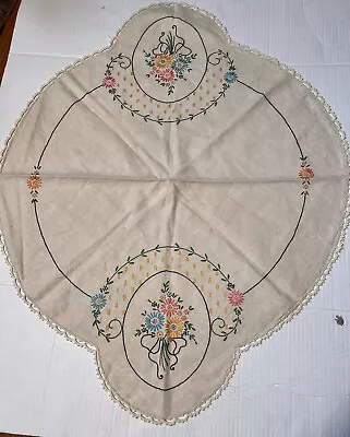 Vintage Dresser Scarf Linen Floral Embroided 31”x 25  Edges Cottage Core Grandma • $5