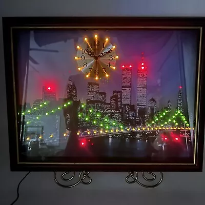Vintage Light Up Clock New York Two Towers Picture W/mirror Frame. Works. • $145