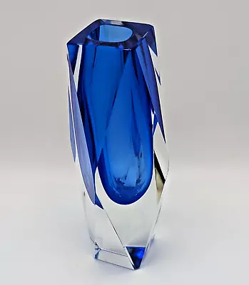 Art Glass Blue Vase Multi Faceted Geometric Murano? Hand Made Unsigned 6.5 In • $35.95