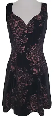 Vtg Morton Myles Black Pink Floral Burnt Velvet Fit Flare Dress Women's Size 4 • $30