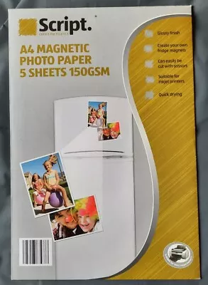 £8.99 • Buy Script A4 Magnetic Photo Paper 5 Sheets 150gsm Inkjet Printers Make Own Magnets