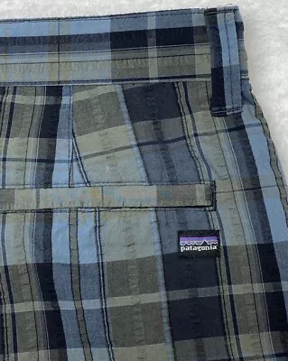 Patagonia Men’s Seersucker Shorts Plaid Blue Organic Cotton Blend Size 36 • $19.99