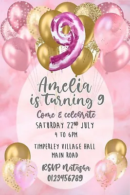 Girls Personalised Party Birthday Invitations Pink Gold Balloons Age 9 X 10 • £5.10
