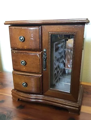 Vtg Musical Wooden Jewelry Box Armoire Etched Glass Drawers Necklace Carousel • $9.18