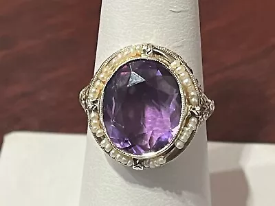 Vtg. 14K White Gold Amethyst & Seed Pearl Ring Size 8   4.5 Grams • $299