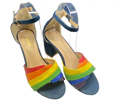 MODCLOTH Limitless Radiance Rainbow Denim Jean Heels Shoes 5 5A • $37.31