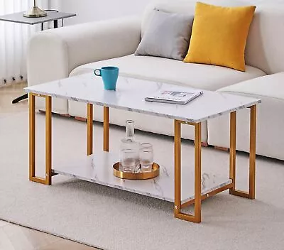 Coffee Table With Marble Effect Top And Golden Metal Legs Living Room Furniture • £69.99