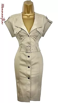 NEW Karen Millen UK 14 VINTAGE MILITARY SAFARI BELTED SHIRT DRESS IN STONE • £120