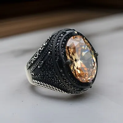 Solid 925 Sterling Silver Turkish Jewelry Citrine Men's Ring • $52