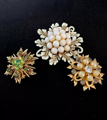 Vintage Brooch Pins Lot Of 3 Gold Tone Floral And Rhinestone • $30