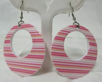 Vintage Silver Tone Pink Coral And White Stripe Pierced Dangle Earrings • $5.99