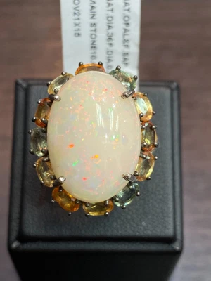 Natural Fire Opal 21x15 Fancy Sapphire Diamond 36 Pc. Sterling Silver 925 Ring • $286.08