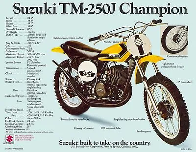 1972 Suzuki Tm-250j Champion Sales Specs Ad/ Brochure  • $12.68