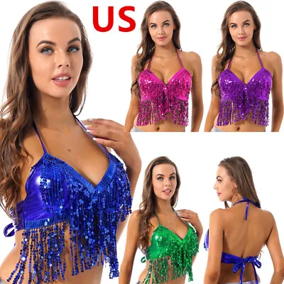 US Women Shiny Glitter Sequins Fringe Tassel Latin Belly Dance Halter Crop Top • $11.49