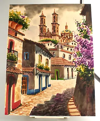 Vintage Mexico Street Scene Watercolor Painting Signed Martinez 12X9 No Frame • $60