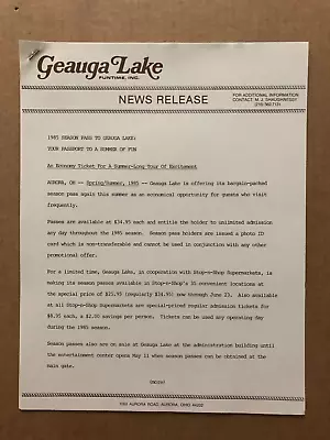 Vintage 1985 GEAUGA LAKE Amusement Park News Release SEASON PASS • $19.99