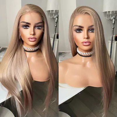 UK 24inch Women Lace Front Wig Ash Blonde Heat Resistant Hair Handtied Straight • £25.19