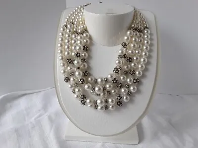  Vtg Faux Pearl Bead & Rhinestone Multi-Strand Chunky Classy Collar Necklace • $19.95