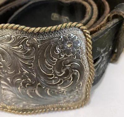 Western Flower Swirl Design Montana Silversmiths Large Leather Belt & Buckle 34 • $78.40