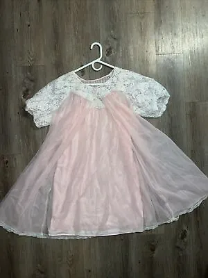 Vintage 60s Pink Chiffon Robe & Nightgown Peignoir Set Babydoll Fem Size Small • $64.95