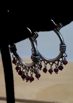 Vintage Bali Design Amethyst Bead / Sterling Silver 20mm Hoop Earrings • $19.99