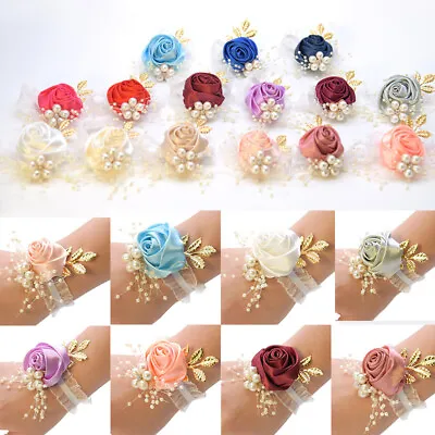 Flower Wrist Corsage Pearl Bead Bracelet Wedding Prom Party Bridesmaids Decors • £3.22