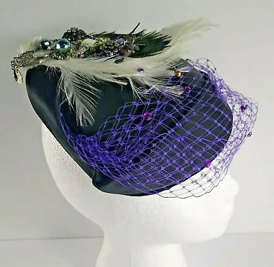 Womens Vintage Style Hat Purple Black W Veil Feathers Pin Watch Steampunk Gothic • $34.85