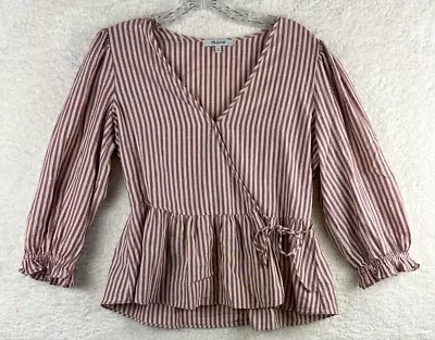 Madewell Blouse Womens XS Pink Striped Balloon Sleeve V Neck Casual Preppy • $22.95