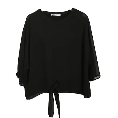 Zara Blouse Top Black Sheer Overlay Dolman Sleeve Womens Size M Boxy Front Tie • $17.99