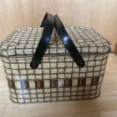 Vintage Lithographed Brown Basket Weave Metal PICNIC TIN With Metal Handles • $28.50