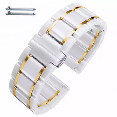 Ceramic Replacement Watch Band White With Gold Stripes Quick Release Strap #8005 • $29.95