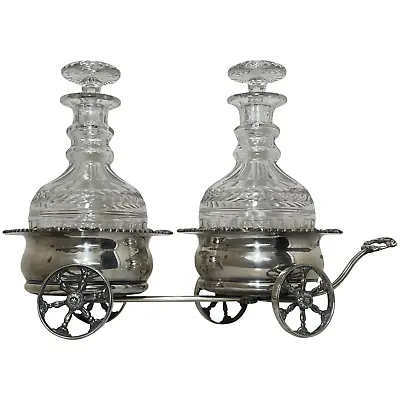 Antique British Mappin & Webb Silver Double Carriage Cognac Crystal Decanters • $2485.23