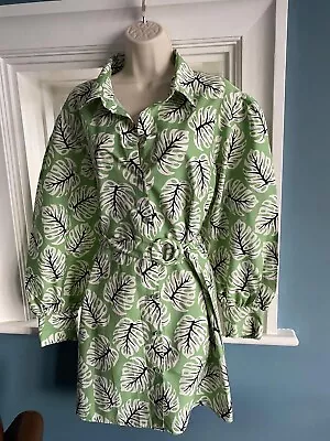 Zara Green White Black Leaf Print Button Down Shirt Dress Size XL  • £18