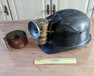 Vintage Miners Helmet And Premier Lamp With Belt & Ruler • $124.44