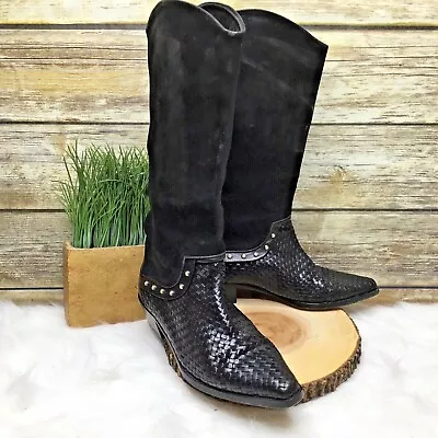 Vntg Via Spiga Black Leather Woven Western Cowboy Mid Calf Boots 5.5 B Italy • $72.99