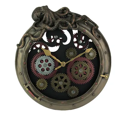Steampunk Bronze Finish Octopus Porthole Wall Clock With Moving Gears • $179.99