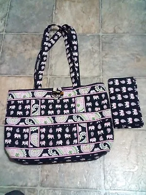 Vera Bradley Black Pink Green Elephant Small Cotton Handbag With Wallet NEW • $39.99