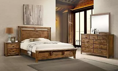 NEW Brown Queen King 4PC Rustic Bedroom Set Industrial Modern Furniture B/D/M/N • $1379.99