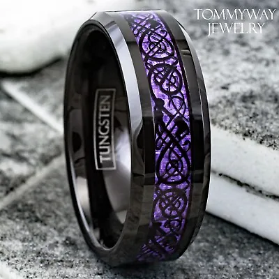 8mm Black Tungsten Carbide Purple Carbon Fiber Celtic Dragon Wedding Band Ring • $14.99