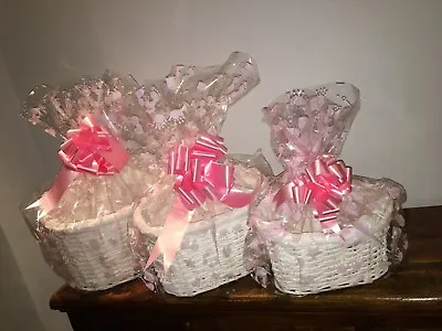 White Oval Make Your Own Baby Shower Hamper Kit 3 Sizes Pink Bow & Cellophane • £14.99
