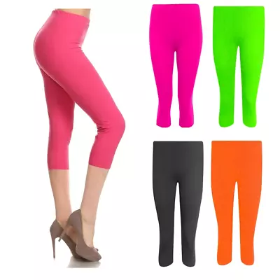 Womens Plain 3/4 Leggings Cropped Basic Workout Yoga Neon Casual Capri Pants • £6.99