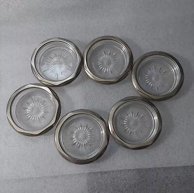 Vintage Glass And Metal Coasters Set Of 6 - Silver And Glass  Star Burst  MCM • $15