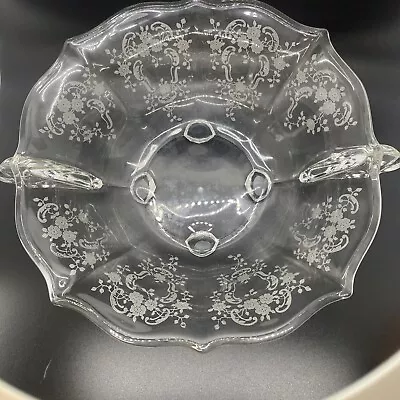 Fostoria Meadow Rose Flame Handled Bowl Vintage Elegant Etched Glass 12 1/2  • $14.16