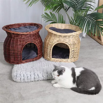 £27.93 • Buy Two Levels Wicker Cat House Elevated Pet Oval Bed Basket With 2 Washable Cushion
